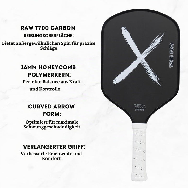 PRO Pickleball Schläger – T700 Carbon, 16mm Honeycomb, Angeraute Oberfläche für Top Spin, Verlängert