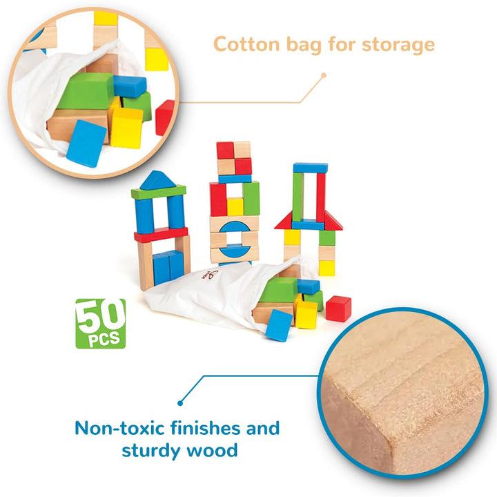 Hape Bunte Holzbausteine für Kinder Holzbausteine-Set zum Stapeln Lernspielzeug für Kleinkinder, 50