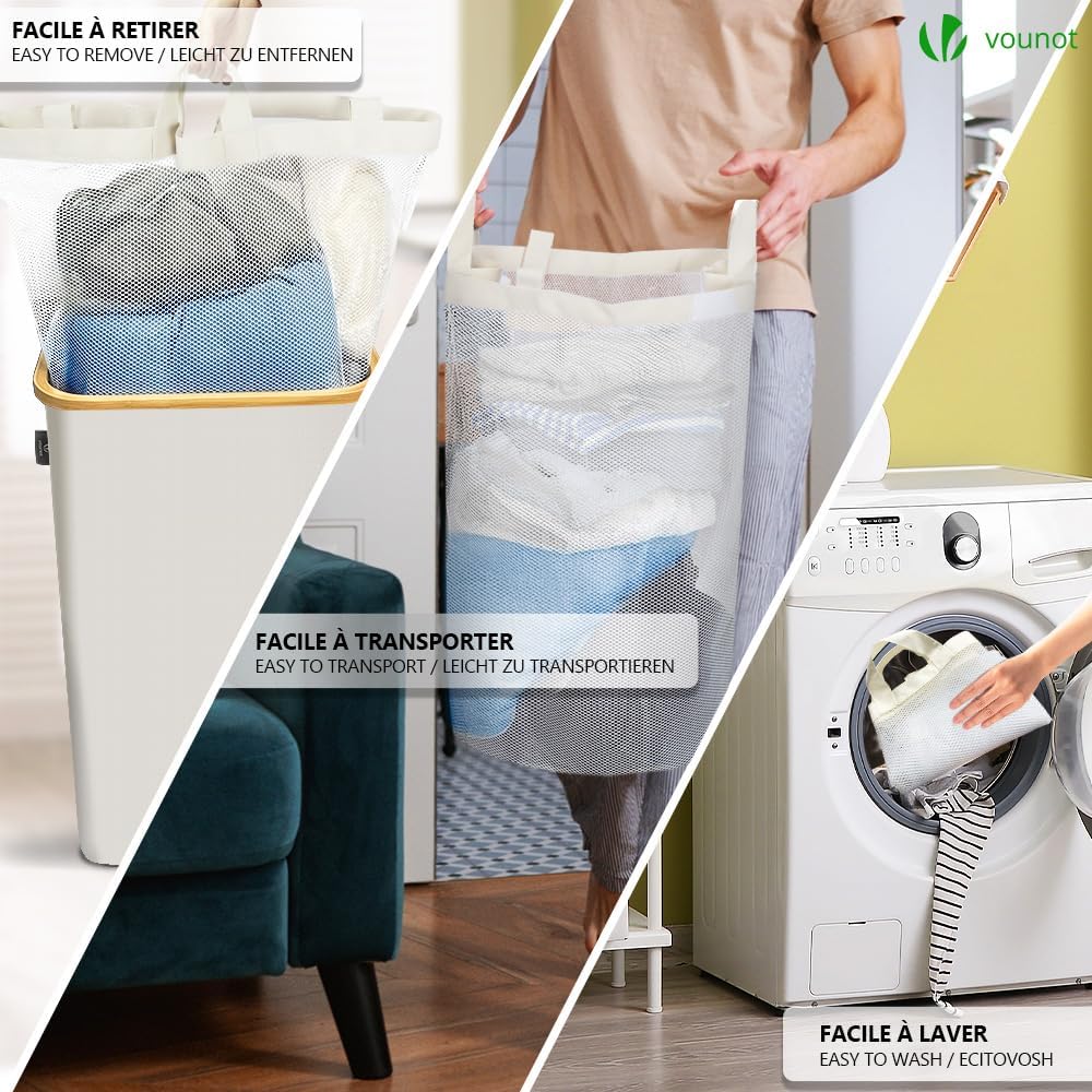 VOUNOT Wäschekorb mit Deckel 100L, Faltbarer Wäschesammler mit Herausnehmbar Wäschesäcke, Laundry Ba