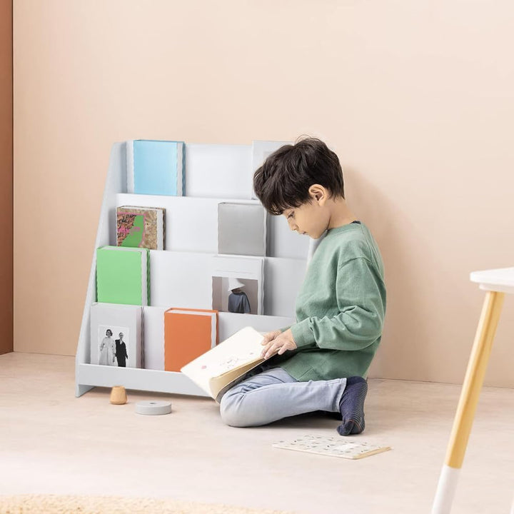 HUOLE Kinderbibliothek, Bücherregal, Spielzeugkiste mit Rädern, Kinderbücherregal aus Holz, Bücherre