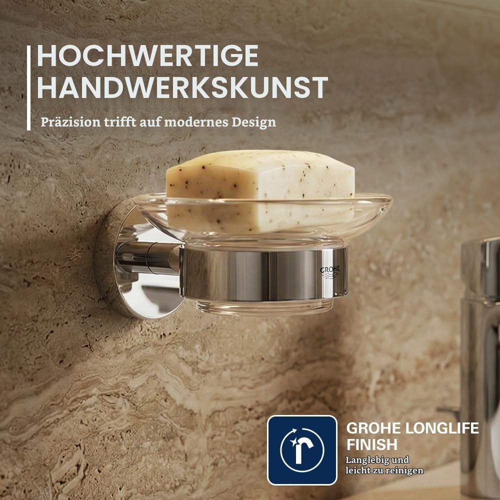 GROHE Essentials - Seifenschale (mit Halter, Material: Glas/Metall, verdeckte Befestigung, geeignet