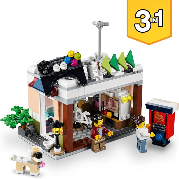 LEGO 31131 Creator Nudelladen, Fahrradladen und Spielhalle, 3in1 Konstruktionsspielzeug mit Zubehör
