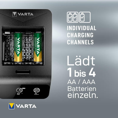 VARTA Akku Ladegerät, inkl. 4x AA 2100mAh, Batterieladegerät für wiederaufladbare AA/AAA, LCD Smart