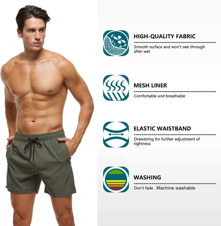 Tyhengta Men's Swim Trunks Quick Dry Beach Shorts with Zipper Pockets and Mesh Lining Army-green 34,