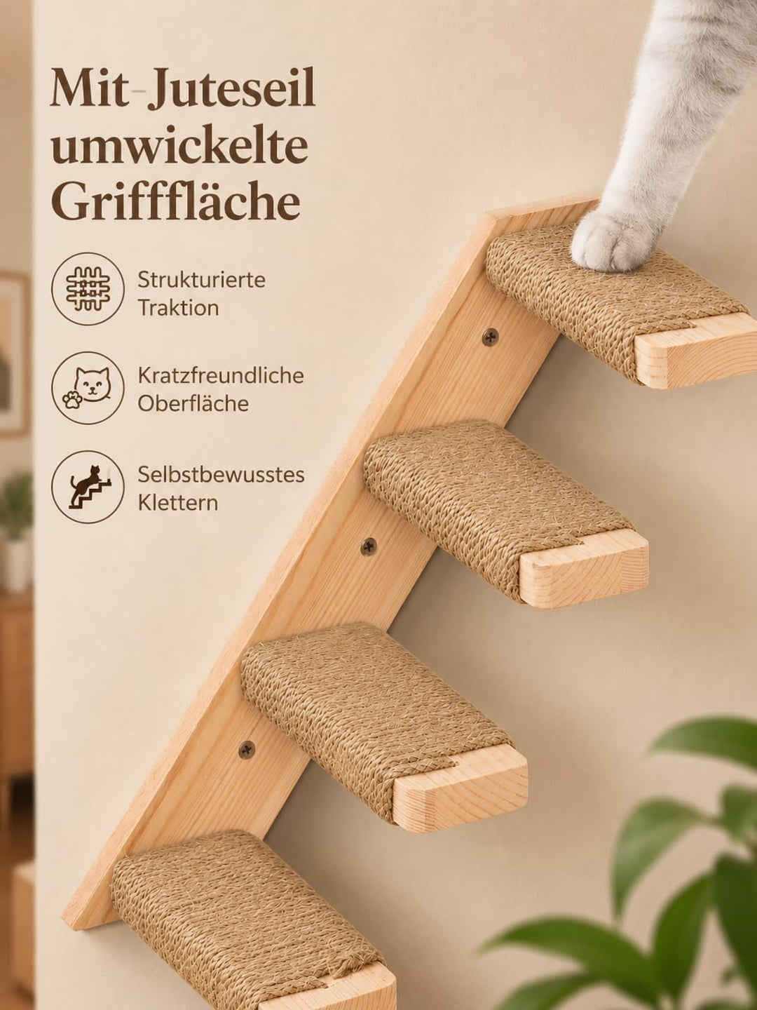 Katzentreppe Wand, Katzentreppe 4 Stufen, Kletterwand für Katzen, Katzen Treppe mit Juteseil, Wandmo