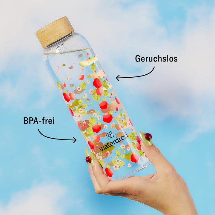 waterdrop® Flasche aus Glas 600ml - Trinkflasche Kohlensäure geeignet, BPA fei & spülmaschinenfest -