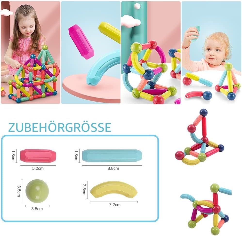 Magnetische und Stangen, 88 Stück magnetische Kugeln, Magnetbaustäbchen-Set, Bausteine, Fliesen, STE