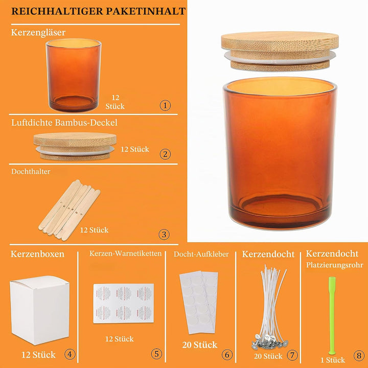 MILIVIXAY 12 Stück 340 ml bernsteinfarbene Kerzengläser mit Deckel und Kerzenherstellungs-Sets – lee