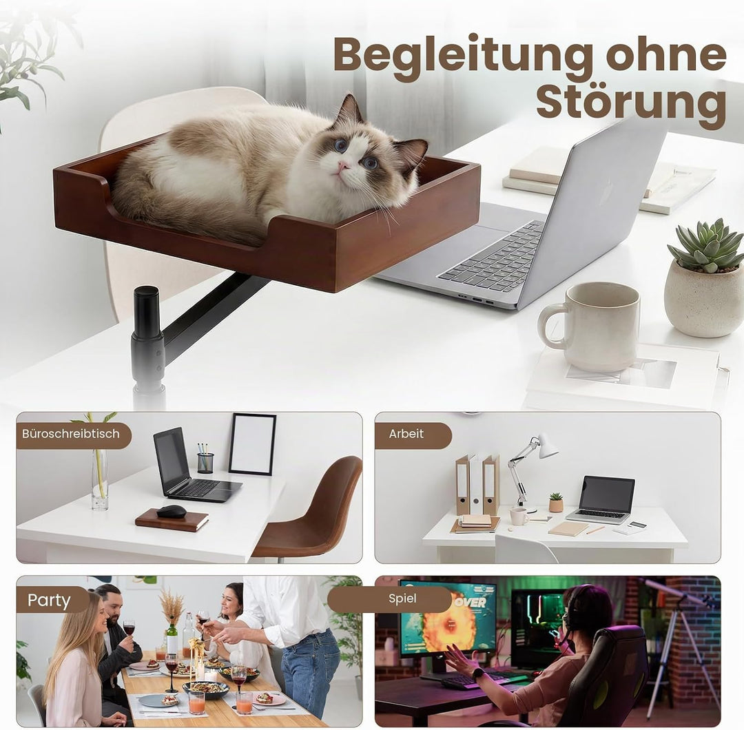 Katzen-Schreibtischbett mit Bambusfuss und Plüschbettwäsche.Stabile und robuste Klemme,höhenverstell