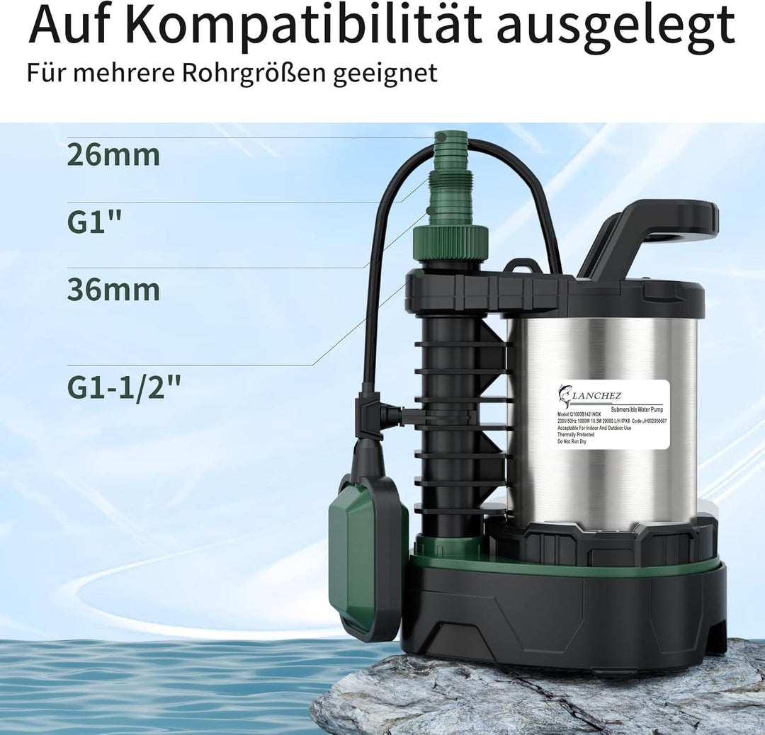 LANCHEZ Tauchpumpe 1000W, 20.000 l/h Förderleistung, Einstellbarer Abwasser-/Sauberwasser-Modus, För