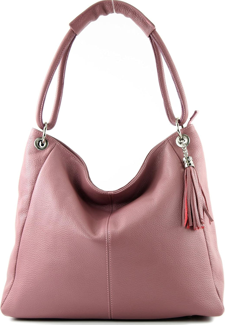 modamoda de - T165 - ital Schultertasche Gross Shopper Leder Altrosa, Altrosa