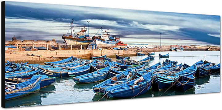 Paul Sinus Art Panoramabild auf Leinwand und Keilrahmen 150x50cm Marokko Meer Hafen Boote Wolkenhimm