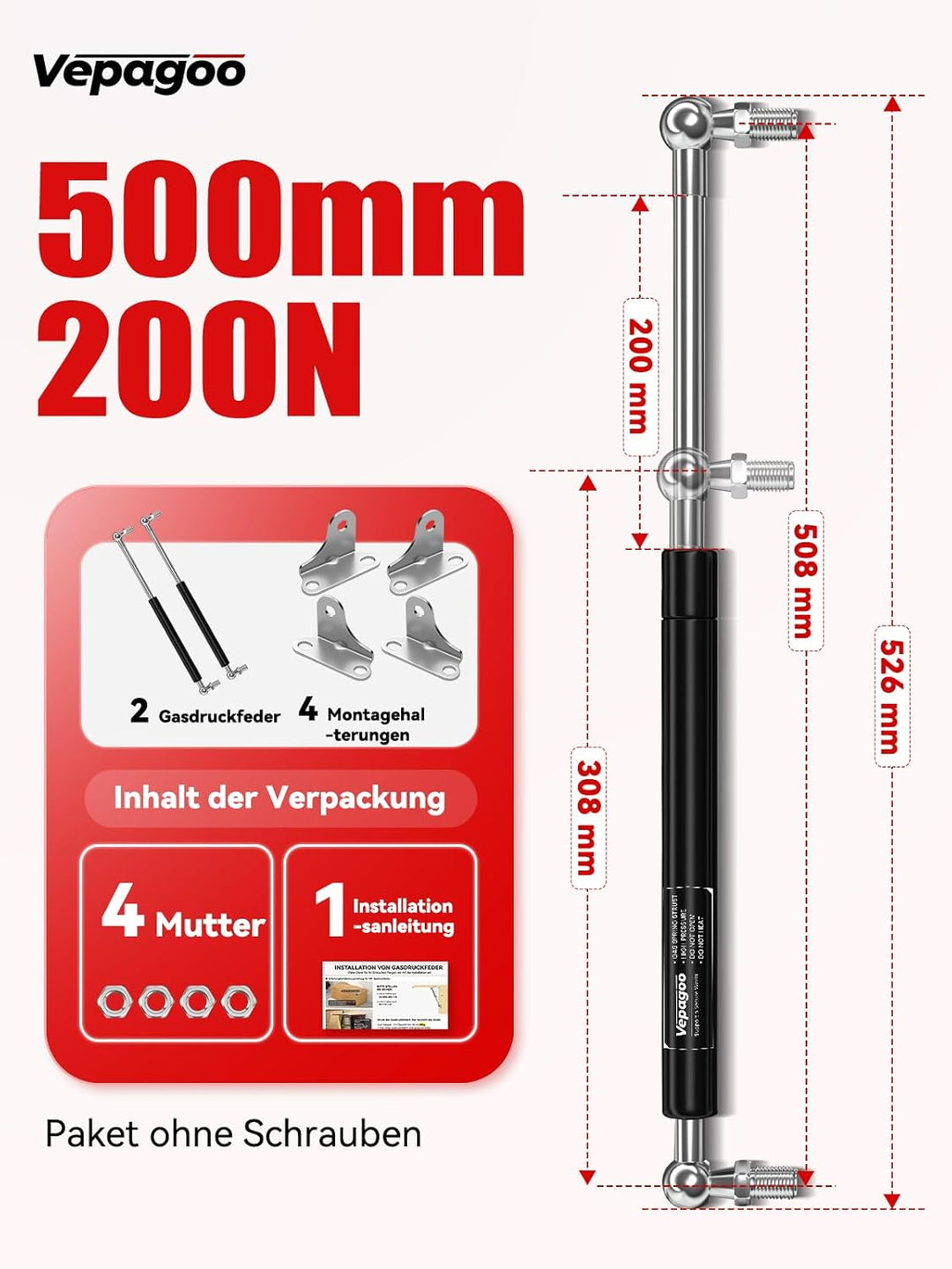Vepagoo 500MM 200N/20KG Gasdruckfedern, Federstossdämpfer mit L-förmigen Haltern für Bootsabdeckung,