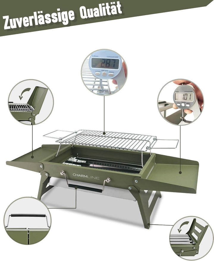 Charmline Tragbarer Holzkohlegrill, Klappbarer Campinggrill 35 x 23 cm für 1–3 Personen, Mini BBQ Gr