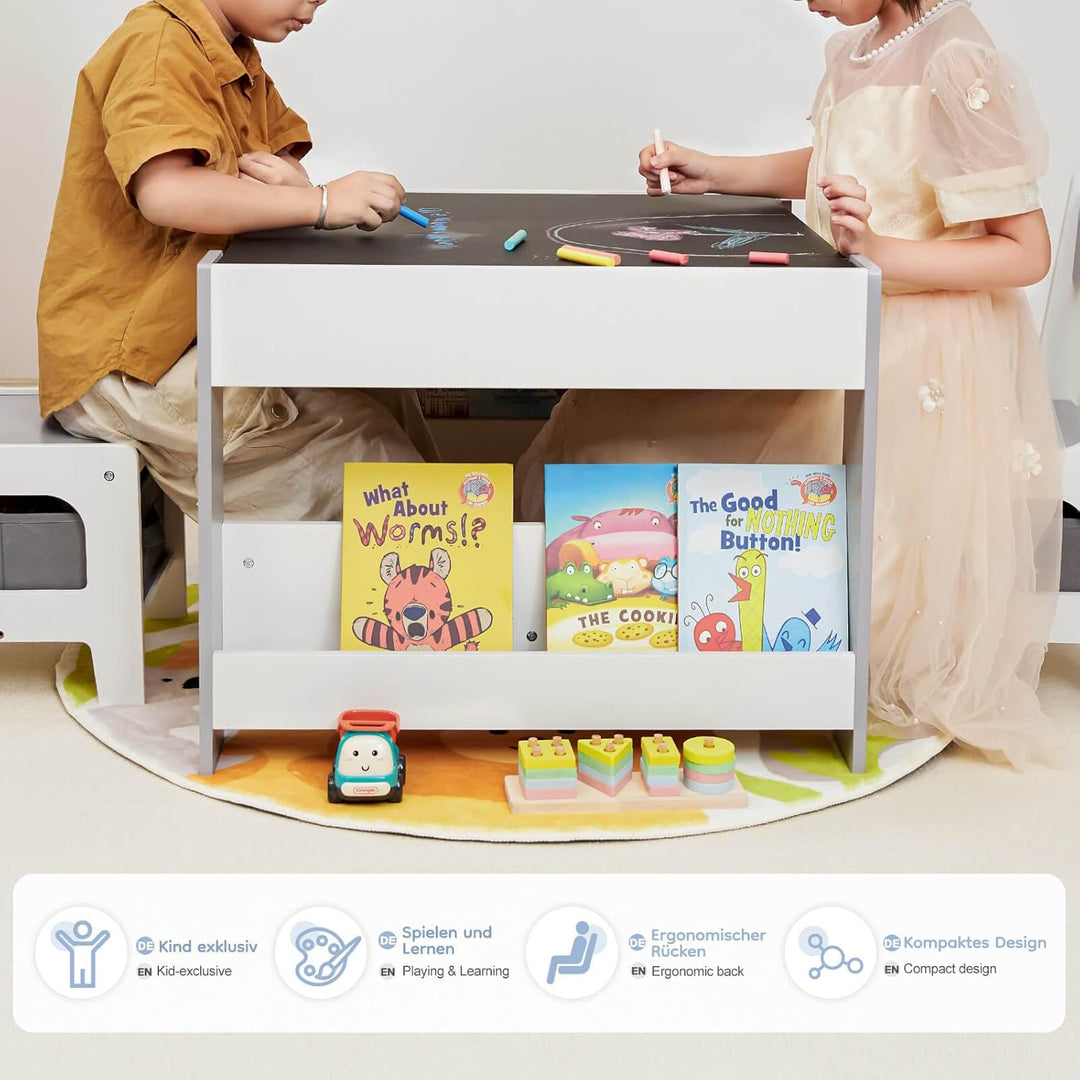 Yorbay Kindertisch mit 2 Stühle, Kindermöbel Set aus Holz mit Stauraum und Bücherregalen, 3 in 1 Mal