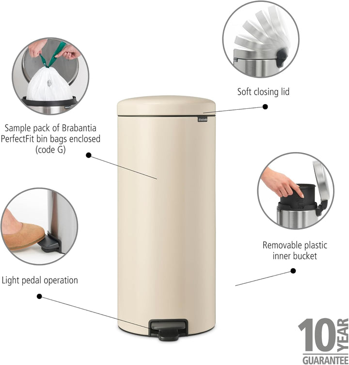 Brabantia - NewIcon Treteimer 30L - Grosse Abfalleimer für die Küche - Sanft Schliessender Deckel -