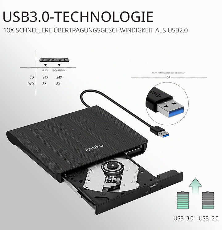 Antika Externer DVD-/CD-Brenner mit externem CD-Laufwerk USB 3.0 DVD +/- RW CD +/- RW tragbares Kart