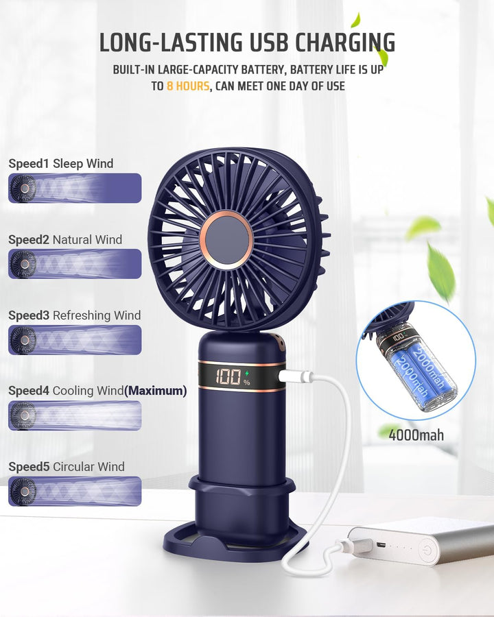 FAPPEN Handventilator, Tragbarer USB-Handventilator, Faltbarer Mini Ventilator mit Sockel und Umhäng