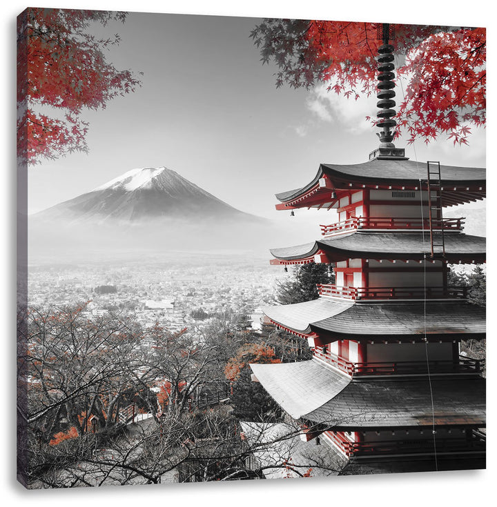 Pixxprint Japanischer Tempel im Herbst Schwarz/Weiss, Format: 70x70 auf Leinwand, 70x70