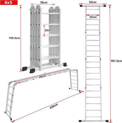 LZQ 4x5 Mehrzweckleiter 550cm 6 in 1 Alu Leiter Vielzweckleiter Klappleiter Haushaltsleiter Arbeitsl