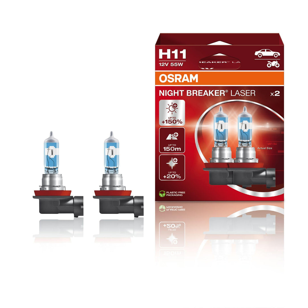 OSRAM NIGHT BREAKER LASER H11, +150% mehr Helligkeit, Halogen-Scheinwerferlampe, 64211NL-HCB, 12V PK