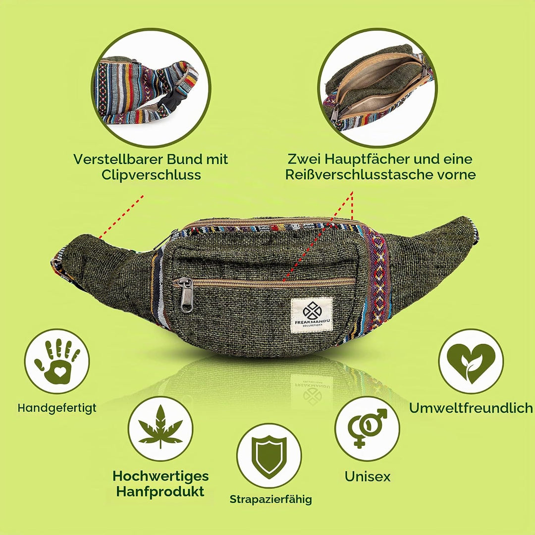 Freakmandu Unisex Hanf Gürteltasche – Fanny Packs, Hüftgürteltasche zum Umhängen, Boho Hippie Stil,