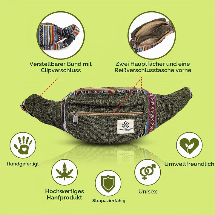 Freakmandu Unisex Hanf Gürteltasche – Fanny Packs, Hüftgürteltasche zum Umhängen, Boho Hippie Stil,