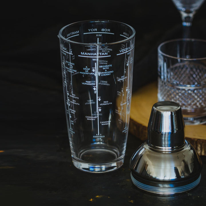 Bar Craft Boston Cocktailshaker, mit aufgedruckten Rezepten und Massangaben, Glas, Transparent, in G