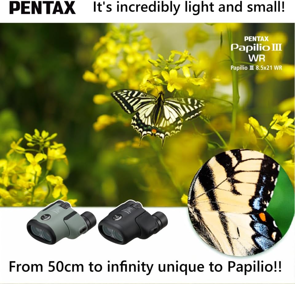 Pentax Papilio III Fernglas, 8,5 x 21, wetterfest, Schwarz, Fokus 50 cm, spritzwassergeschützt, Muse