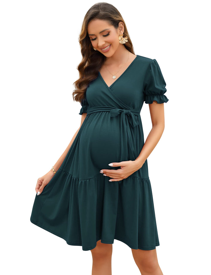 KOJOOIN Damen Umstandskleid V-Ausschnitt Stillkleid Elegant Puff Ärmel Schwangerschafts Kleider mit