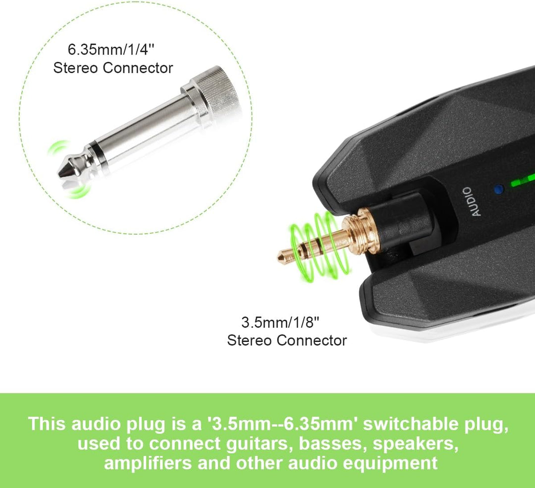 Coolmusic WS1 Kabelloses Stereo-Gitarrensystem 5,8 GHz mit 1/4-Zoll- und 1/8-Zoll-Instrumentenstecke