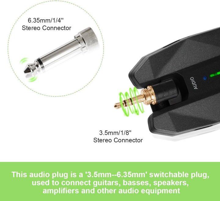 Coolmusic WS1 Kabelloses Stereo-Gitarrensystem 5,8 GHz mit 1/4-Zoll- und 1/8-Zoll-Instrumentenstecke