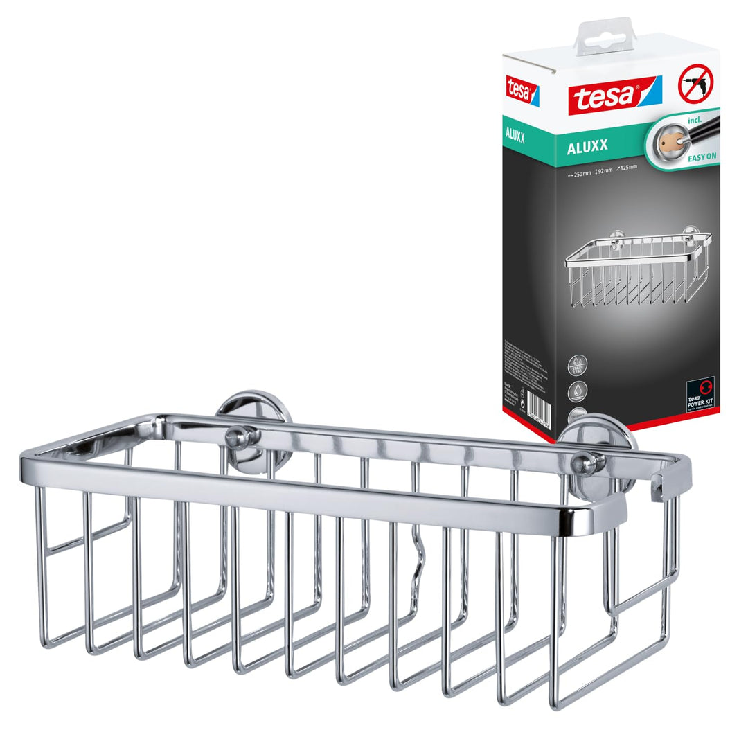 tesa ALUXX Duschkorb, Aluminium, verchromt, garantiert rostfrei, inkl. Klebelösung, tiefer Boden, 12