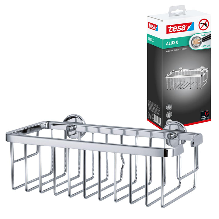 tesa ALUXX Duschkorb, Aluminium, verchromt, garantiert rostfrei, inkl. Klebelösung, tiefer Boden, 12