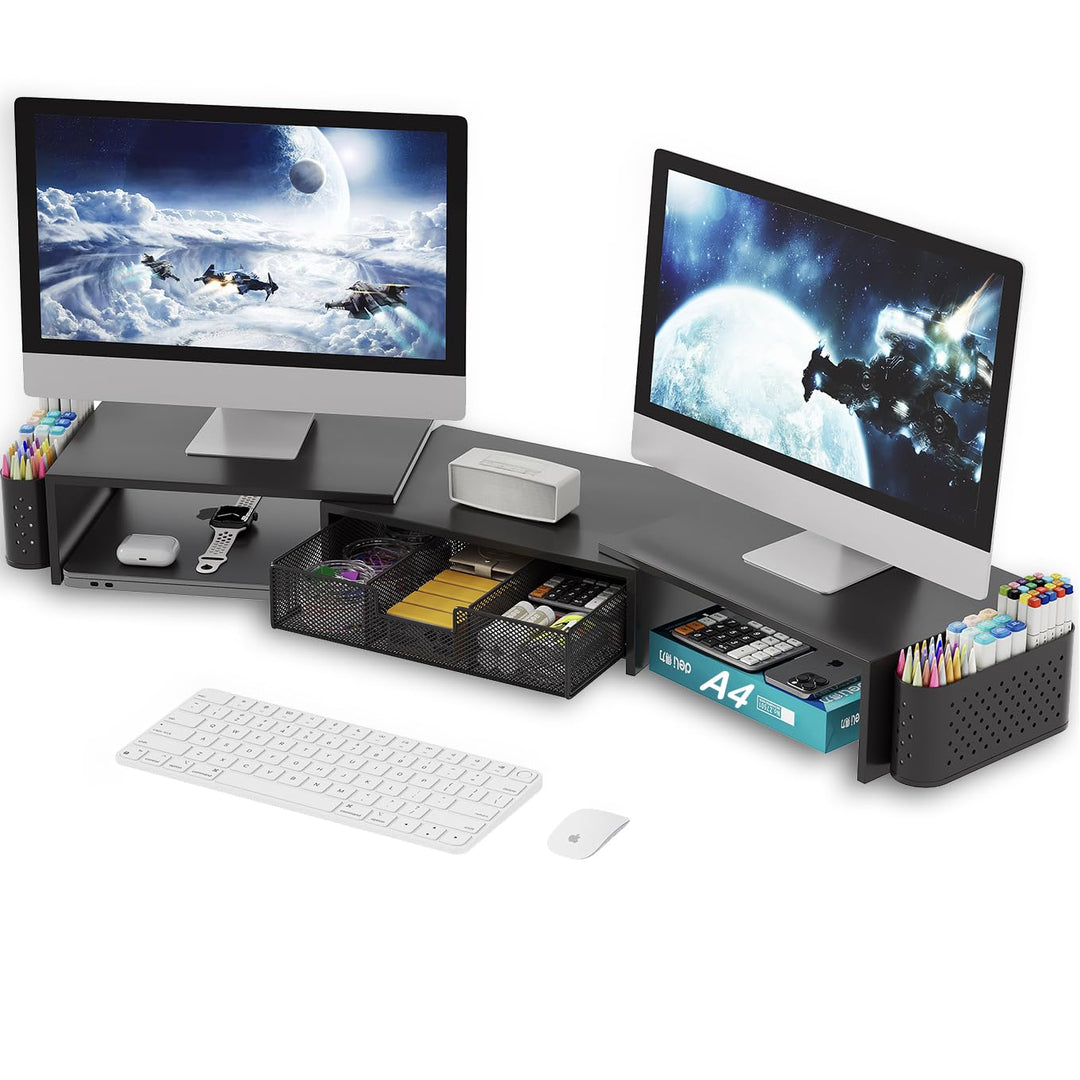 Metall Doppel Monitorständer, Monitor Bildschirm Erhöhung mit Schublade &amp; 2 Stifthaltern,Dual Monito