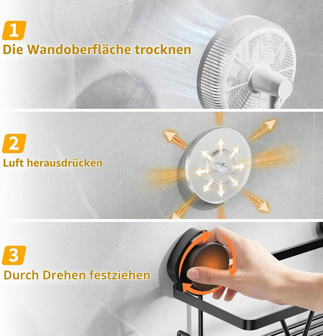 ZUNTO 3 Stück Duschregal mit Saugnapf - Organizer für Shampoo ohne Bohren mit Seifenhalter und Haken