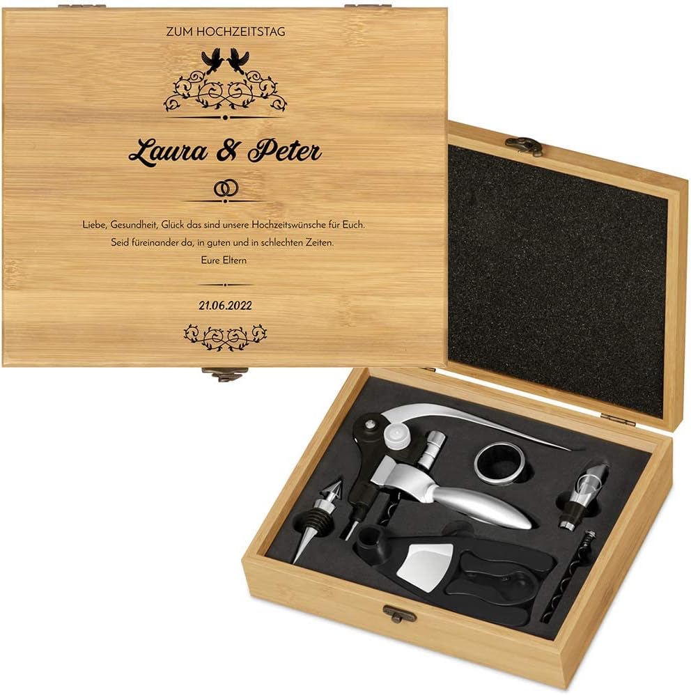 Maverton Weinöffner-Set personalisiert Weinset Sommelier Set - Geschenkbox Holzbox + 6er Weinzubehör