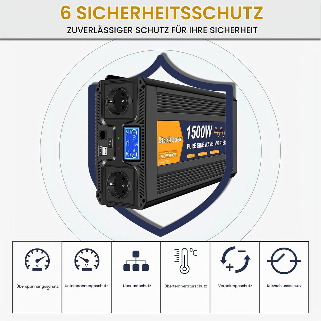 Wechselrichter 1500W/3000W Reiner Sinus 24V auf 230V Spannungswandler mit LCD &amp; Fernbedienung, 2X EU