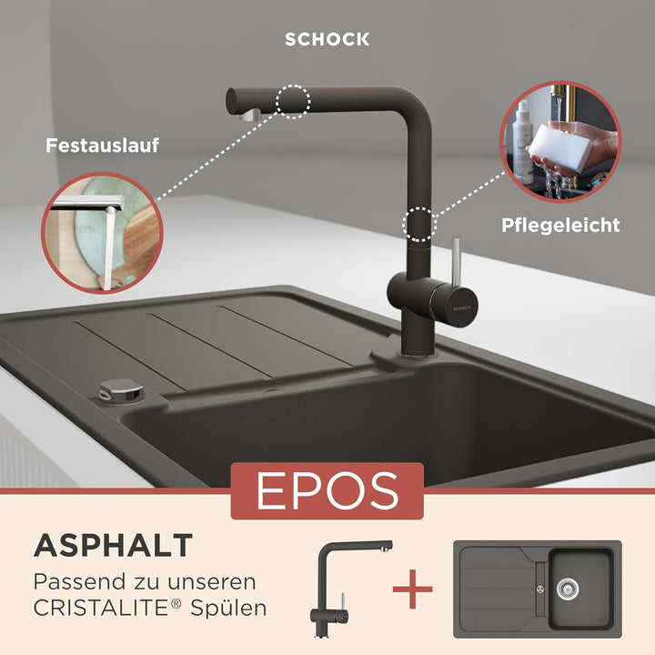 SCHOCK® Küchenarmatur Epos Asphalt I Hochdruck Wasserhahn mit Festauslauf I Schwenkbarer Einhebelmis