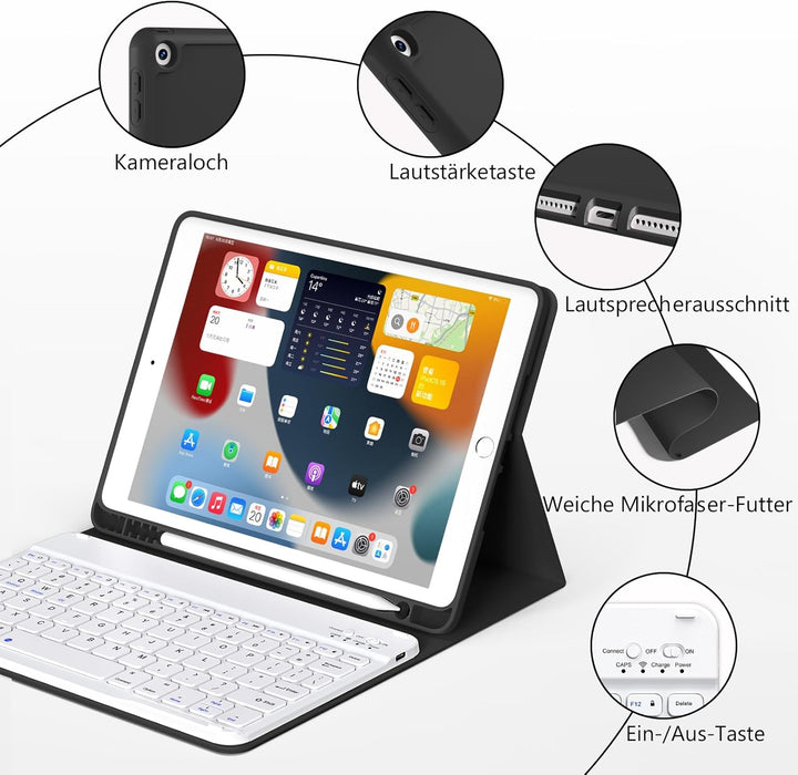 Tastatur Hülle für iPad 9./ 8./ 7.Gen (2021/2020/2019) mit Stifthalter, Soft TPU Schutzhülle, magnet