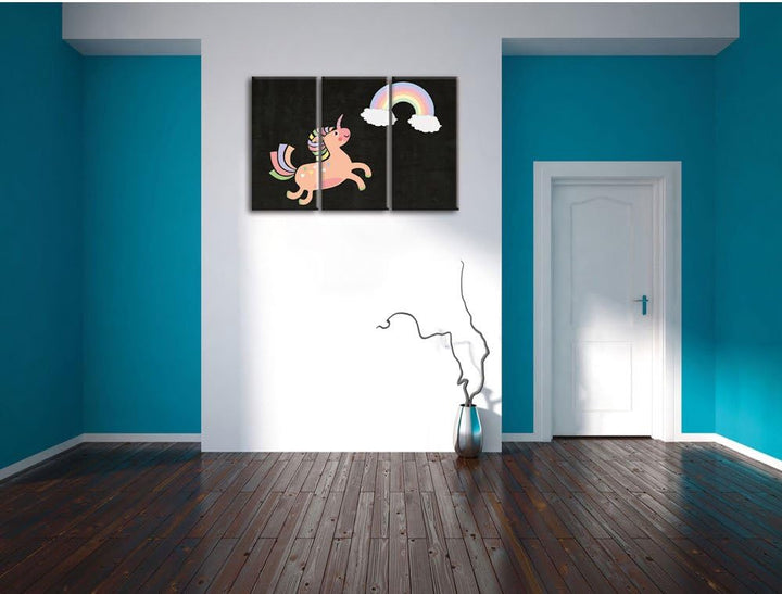 Pixxprint Flauschiges Einhorn mit Regenbogen schwarz 3-Teiler Leinwandbild 120x80 Bild auf Leinwand