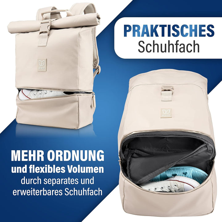 HEAVER® Rolltop Rucksack Damen & Herren, Rucksack mit Laptopfach, Uni Rucksack Damen, Rollrucksack D