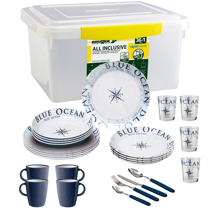 BRUNNER - Campinggeschirr Melamin Maritim (Set: 12, 16 oder 36 Teilig), 4 Personen - Blue Ocean - Ho