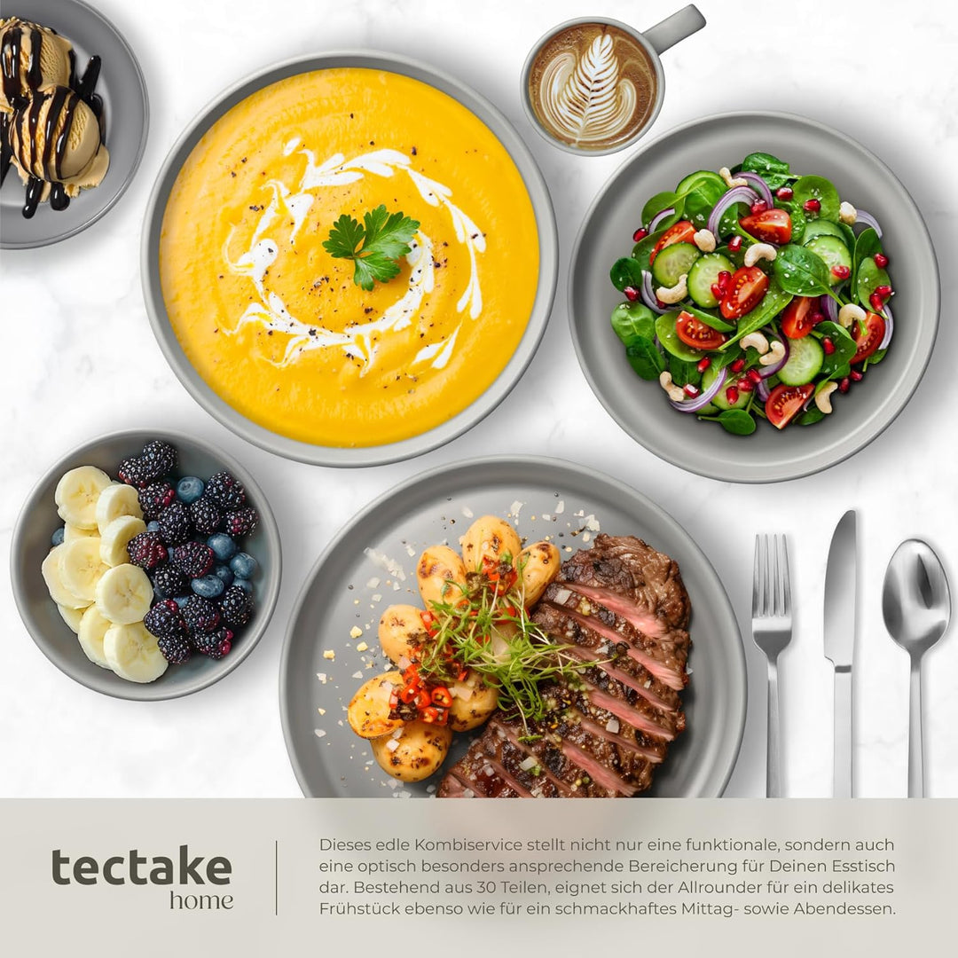 tectake® 47-tlg. Küchenstarterset, Steingut Geschirrset 6 Personen, Tassen, Teller Set, 2x Kochtopf,