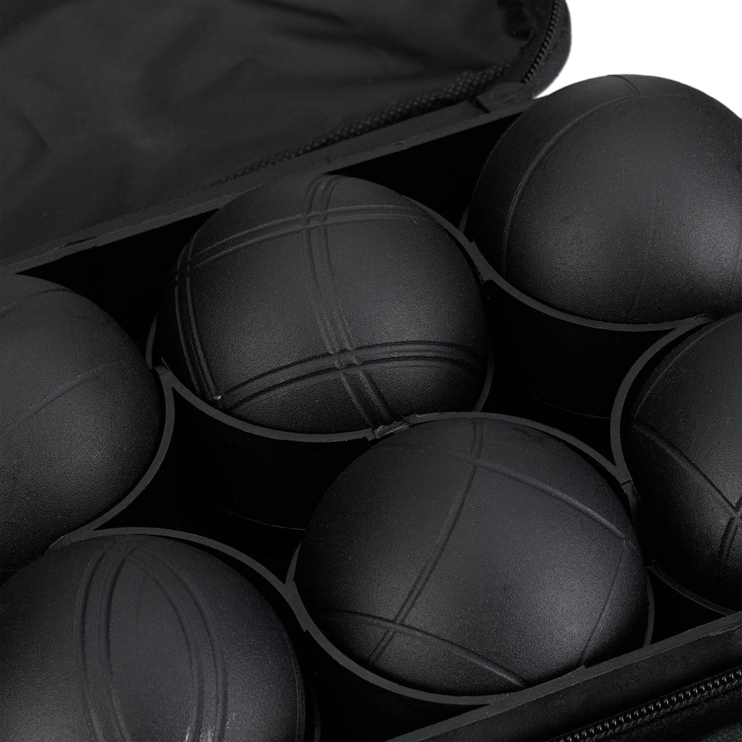 Relaxdays Boule Kugeln, 6 Metall-Kugeln, Set mit Zielkugel & Abstandsmesser, Tragetasche, Boccia Spi