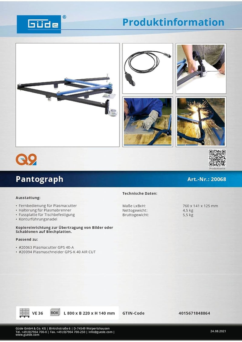 Güde 20068 Pantograph (Fernbedienung für Plasmacutter, Halterung für Plasmabrenner, Fussplatte für T