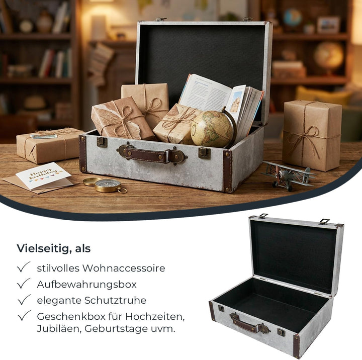HMF VKO101 Vintage Koffer aus Holz | 38 x 26 x 13 cm | Gross | Deko Weltkarte 38 cm Weltkarte, 38 cm