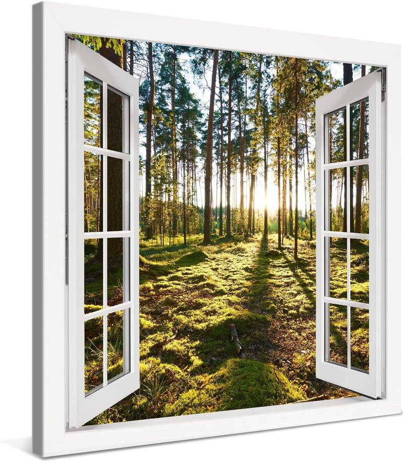 PICANOVA – Leinwandbild Sonnenaufgang im Kiefernwald Fenster 80x80cm – Premium Leinwanddruck – Wandb