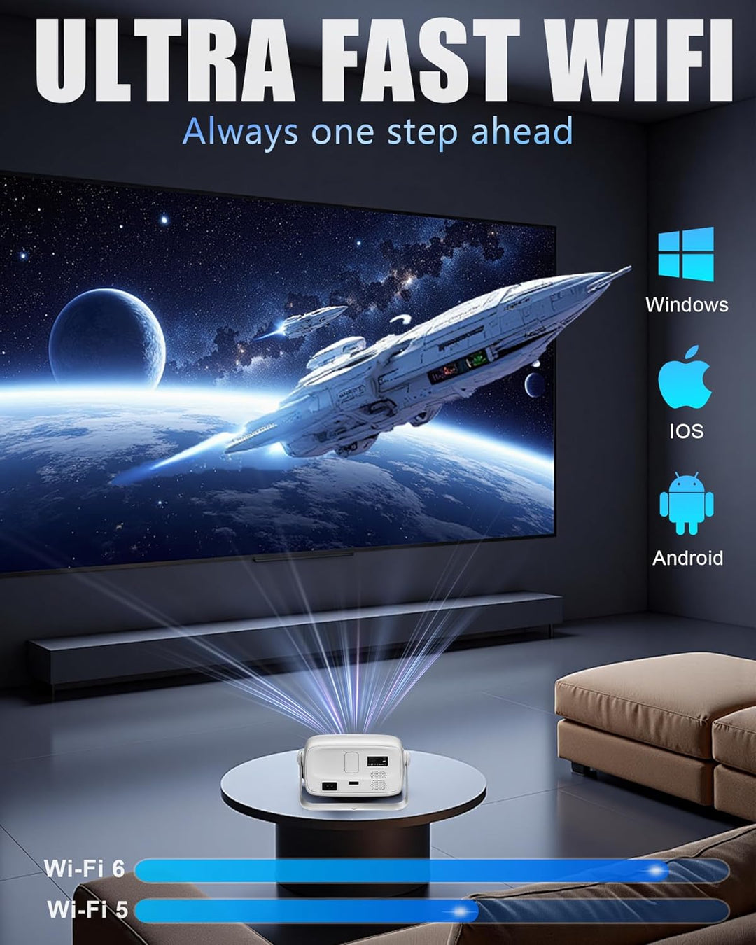 【Offiziell Lizenziertes Netflix & Autofokus】 Mini-Projektor mit WLAN und Bluetooth, 270°-Drehung, ge