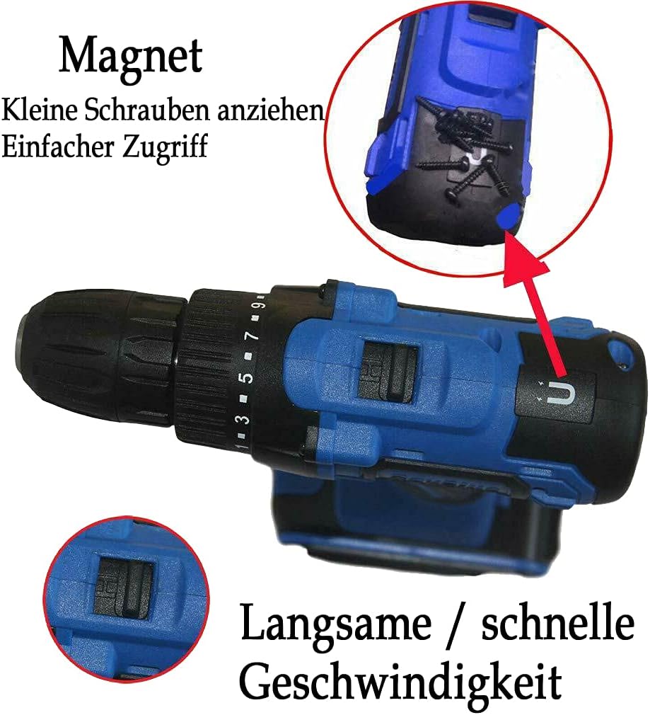 21V Akkuschrauber Bohrschrauber 45Nm Akkubohrer mit 2 X Li-Ion 1.5Ah Akku, Schlagbohrschraube, 2-Gan